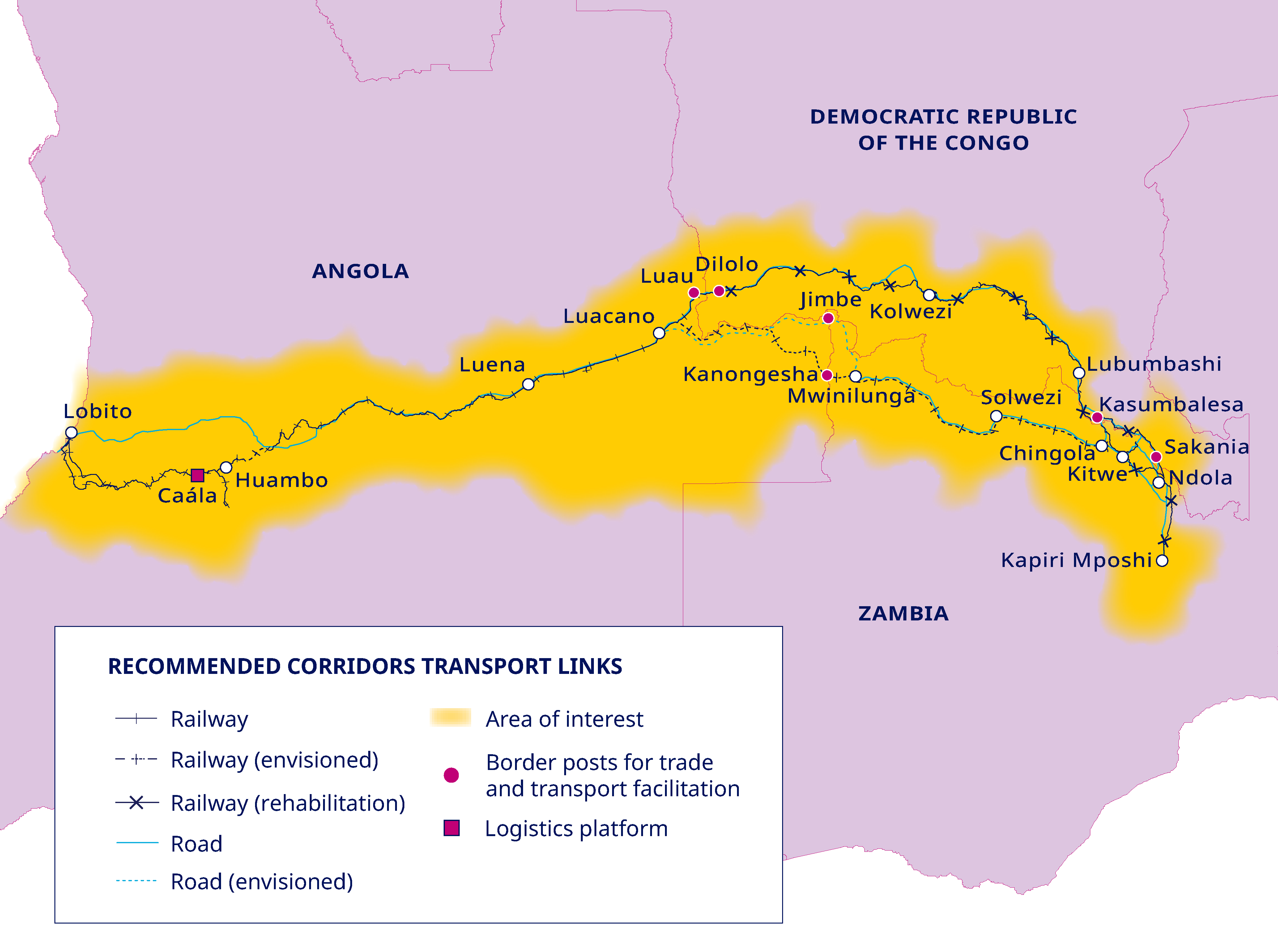 Lobito Corridor route map from Lobito through Angola, the Democratic Republic of the Congo, and Zambia to the Copperbelt